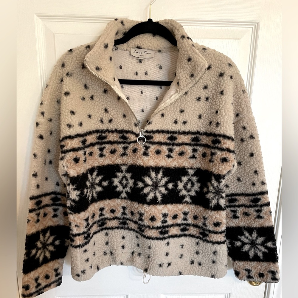 Love Tree Cream Black Aztec Quarter Zip Cozy Chic Pullover Sweater Sz Small